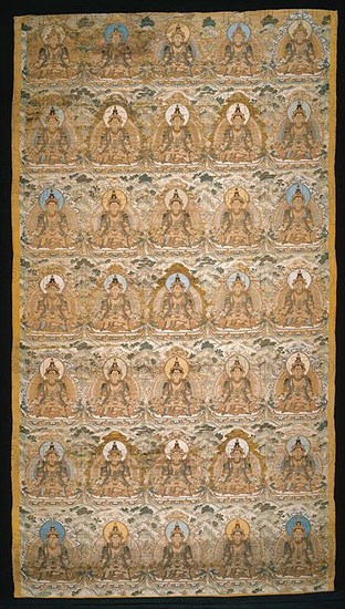 Thanka (Religious Picture), 18th century, Qing dynasty(1644–1911), Manchu, China, Silk and gold-leaf-over-lacquered-paper-strip-wrapped silk, warp-float faced 2:1 'S' twill weave with weft-float faced 1:2 'S' twill interlacings of secondary binding warps and supplementary patterning and brocading wefts, painted details, 150.2 × 78.8 cm (59 1/2 × 31 in.)