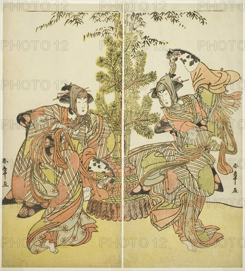 The Actors Segawa Kikunojo III as Yasukata (right), and Iwai Hanshiro IV as Utou (left) in the Play Godai Genji Mitsugi no Furisode, Performed at the Nakamura Theater in the Eleventh Month, 1782, c. 1782, Katsukawa Shunsho ?? ??, Japanese, 1726-1792, Japan, Color woodblock print, hosoban, diptych, Each sheet: 31.9 x 14.5 cm (12 9/16 x 5 11/16 in.)