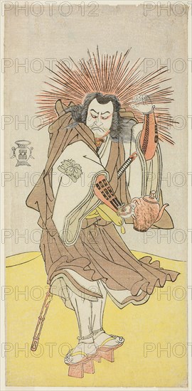 The Actor Nakayama Kojuro VI as Osada no Taro Kagemune (in Reality Hatcho Tsubute no Kiheiji), in the Guise of a Lamplighter of Gion Shrine, in Act Three from Part One of the Play Yukimotsu Take Furisode Genji (Snow-Covered Bamboo: Genji in Long Sleeves), Performed at the Nakamura Theater from the First Day of the Eleventh Month, 1785, c. 1785, Katsukawa Shunsho ?? ??, Japanese, 1726-1792, Japan, Color woodblock print, hosoban, 31.6 x 15.2 cm (12 7/16 x 6 in.)