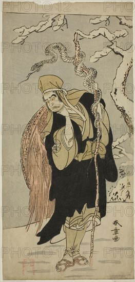 The Actor Ichimura Uzaemon IX as Aza-maru in the Play Yui Kanoko Date-zome Soga, Performed at the Ichimura Theater in the First Month, 1774, c. 1774, Katsukawa Shunsho ?? ??, Japanese, 1726-1792, Japan, Color woodblock print, hosoban, 31 x 14.6 cm (12 3/16 x 5 3/4 in.)