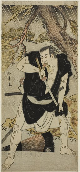 The Actor Nakamura Nakazo I as Ono Sadakuro in the Play Kanadehon Chushingura, Performed at the Ichimura Theater in the Sixth Month, 1783, c. 1783, Katsukawa Shunsho ?? ??, Japanese, 1726-1792, Japan, Color woodblock print, hosoban, 32.1 x 14.4 cm (12 5/8 x 5 11/16 in.)