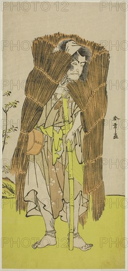 The Actor Ichikawa Ebizo III as Akushichibyoe Kagekiyo Disguised as a Beggar in the Play Kamuri Kotoba Soga no Yukari, Performed at the Ichimura Theater in the First Month, 1776, c. 1776, Katsukawa Shunsho ?? ??, Japanese, 1726-1792, Japan, Color woodblock print, hosoban, 29 x 13.4 cm (11 7/16 x 5 1/4 in.)