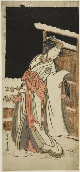 The Actor Segawa Kikunojo III as Lady Shizuka (Shizkua Gozen) Disguised as Tamazusa in the Play Chigo Torii Tobiiri Kitsune, Performed at the Ichimura Theater in the Eleventh Month, 1777, c. 1777, Katsukawa Shunsho ?? ??, Japanese, 1726-1792, Japan, Color woodblock print, hosoban, from a multisheet composition, 31.4 x 14 cm (12 3/8 x 5 1/2 in.)