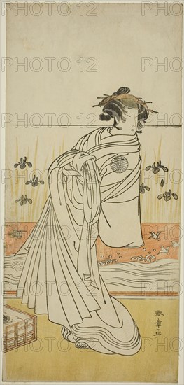 The Actor Nakamura Tomijuro I as the Courtesan Toyama in the Play Koi Nyobo Somewake Tazuna, Performed at the Nakamura Theater in the Ninth Month, 1777, c. 1777, Katsukawa Shunsho ?? ??, Japanese, 1726-1792, Japan, Color woodblock print, hosoban, 32.2 x 15.1 cm (12 11/16 x 5 15/16 in.)