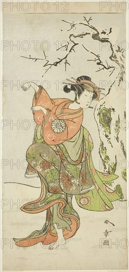 The Actor Nakamura Noshio I as the Fox-Wife from Furui, in a Dance Sequence (Shosagoto) in Part Two of the Play Izu-goyomi Shibai no Ganjitsu (First Perfomance Day of the Izu Calendar), Performed at the Morita Theater from the First Day of the Eleventh Month, 1772, c. 1772, Katsukawa Shunsho ?? ??, Japanese, 1726-1792, Japan, Color woodblock print, hosoban, 32.5 x 15 cm (12 13/16 x 5 7/8 in.)