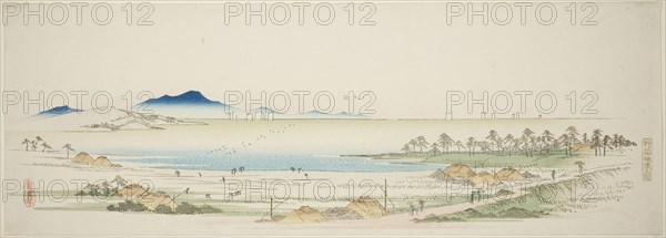 Salt Beach at Gyotoku (Gyotoku shiohama no zu), from an untitled series of famous views of the Edo suburbs, c. 1839/40, Utagawa Hiroshige ?? ??, Japanese, 1797-1858, Japan, Color woodblock print, ebangire, surimono, 18.5 x 52.2 cm (7 1/4 x 20 9/16 in.)