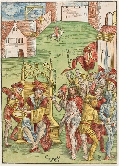 Pilate Washing His Hands, from Passio domini nostri Jesu Christi, c. 1503, Urs Graf, the Elder (Swiss, 1485-1527/28), published by Johann Knobloch (German, born Switzerland, died 1528), Switzerland, Hand-colored woodcut on ivory laid paper with letterpress on verso, laid down on white laid paper, 217 x 156 mm