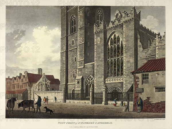 West Front of St. Patrick’s Cathedral, published November 1793, James Malton, English, 1761-1803, England, Hand-colored aquatint in black on ivory wove paper, 263 × 373 mm (image), 315 × 425 mm (plate), 420 × 552 mm (sheet)