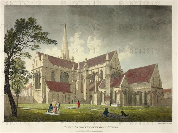 Saint Patrick’s Cathedral, Dublin, published March 1793, James Malton, English, 1761-1803, England, Hand-colored aquatint in black on ivory wove paper, 263 × 375 mm (image), 315 × 425 mm (plate), 420 × 555 mm (sheet)