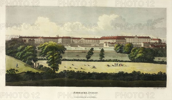 Barracks, Dublin, published July 1795, James Malton, English, 1761-1803, England, Hand-colored aquatint in black on ivory wove paper, 191 × 382 mm (image), 257 × 435 mm (plate), 420 × 550 mm (sheet)