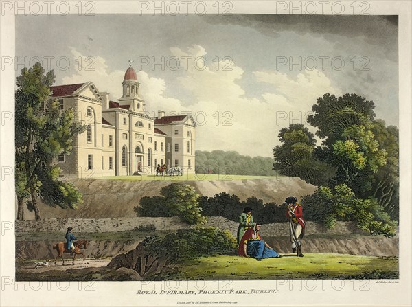 Royal Infirmary Phoenix Park, Dublin, published July 1794, James Malton, English, 1761-1803, England, Hand-colored aquatint in black on ivory wove paper, 263 × 380 mm (image), 315 × 425 mm (plate), 420 × 555 mm (sheet)