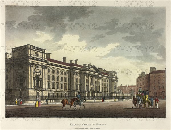 Trinity College, Dublin, published March 1793, James Malton, English, 1761-1803, England, Hand-colored aquatint in black on ivory wove paper, 263 × 377 mm (image), 315 × 425 mm (plate), 420 × 550 mm (sheet)