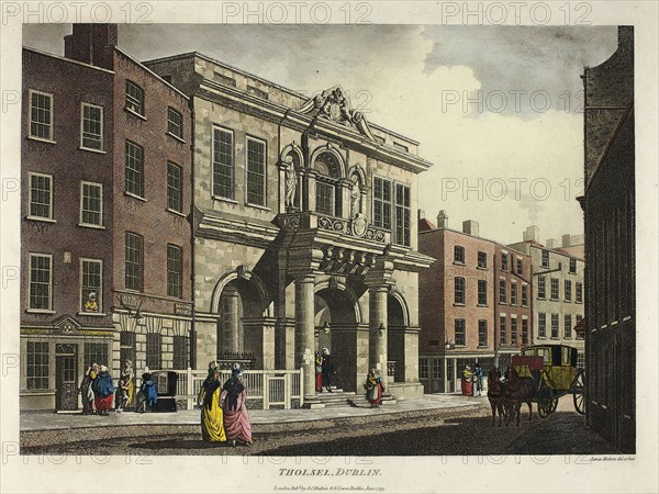 Tholsel, Dublin, published June 1793, James Malton, English, 1761-1803, England, Hand-colored aquatint in black on ivory wove paper, 265 × 377 mm (image), 315 × 425 mm (plate), 420 × 535 mm (sheet)