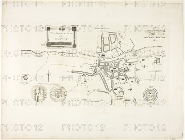 Correct Survey of Dublin, As It Stood in the Year 1610, published July 1792, James Malton, English, 1761-1803, England, Aquatint in black on ivory wove paper, 275 × 475 mm (plate), 420 × 555 mm (sheet)