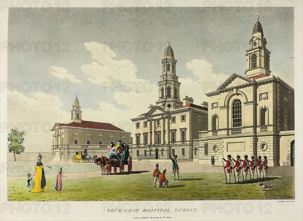 Blue-Coat Hospital, Dublin, published March 1798, James Malton, English, 1761-1803, England, Hand-colored aquatint in black on ivory wove paper, 255 × 377 mm (image), 315 × 425 mm (plate), 420 × 557 mm (sheet)