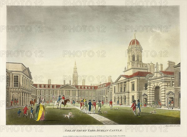 Great Courtyard, Dublin Castle, published July 1792, James Malton, English, 1761-1803, England, Hand-colored aquatint in black on ivory wove paper, 257 × 373 mm (image), 315 × 425 mm (plate), 420 × 555 mm (sheet)