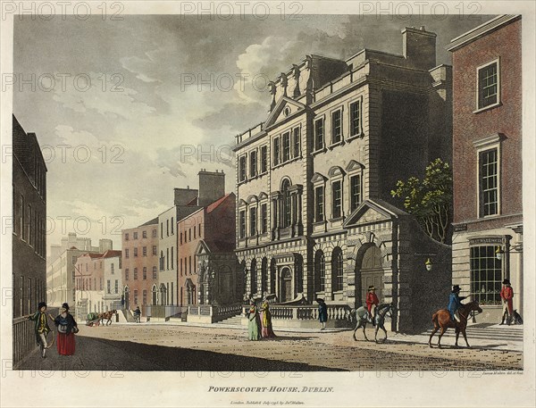 Powerscourt House, Dublin, published July 1795, James Malton, English, 1761-1803, England, Hand-colored aquatint in black on ivory wove paper, 267 × 383 mm (image), 315 × 425 mm (plate), 420 × 555 mm (sheet)