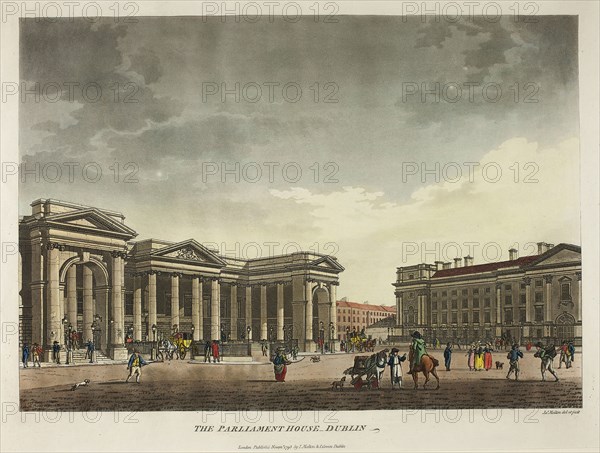 The Parliament House, Dublin, published November 1793, James Malton, English, 1761-1803, England, Hand-colored aquatint in black on ivory wove paper, 259 × 370 mm (image), 315 × 425 mm (plate), 420 × 550 mm (sheet)