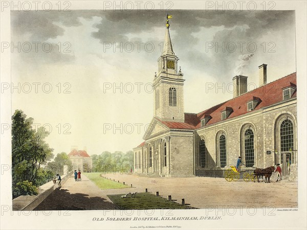 Old Soldiers Hospital, Kilmainham, Dublin, published February 1794, James Malton, English, 1761-1803, England, Hand-colored aquatint in black on ivory wove paper, 263 × 372 mm (image), 315 × 425 mm (plate), 420 × 555 mm (sheet)