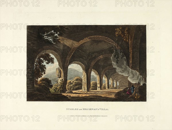 Stables of Meccena’s Villa, plate eleven from the Ruins of Rome, published February 1, 1798, M. Dubourg, (English, active 1786-1838), published by J. Merigot (Italian, Unknown), England, Hand-colored aquatint on paper, 330 × 448 mm (sheet)