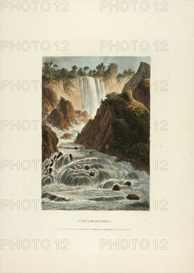 Cascade of Terni, plate fourteen from the Ruins of Rome, published March 28, 1798, M. Dubourg, (English, active 1786-1838), published by J. Merigot (Italian, Unknown), England, Hand-colored aquatint on paper, 448 × 330 mm (sheet)