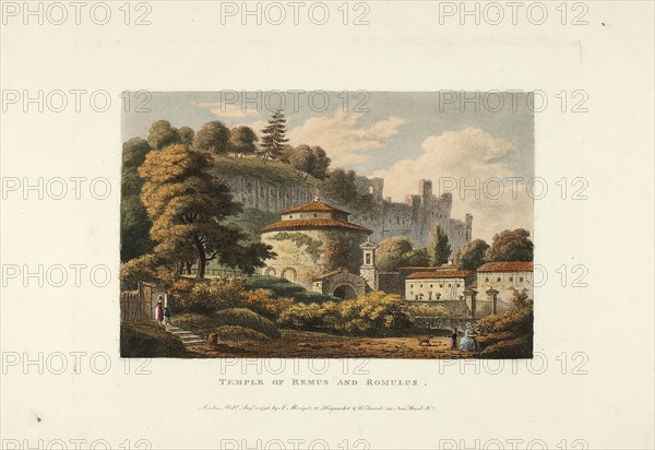 Temple of Remus and Romulus, plate sixteen from the Ruins of Rome, published August 4, 1796, M. Dubourg, (English, active 1786-1838), published by J. Merigot (Italian, Unknown), England, Hand-colored aquatint on paper, 330 × 448 mm (sheet)