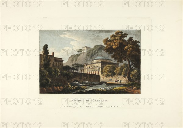 Church of St. Andrew, plate eighteen from the Ruins of Rome, published October 11, 1796, M. Dubourg, (English, active 1786-1838), published by J. Merigot (Italian, Unknown), England, Hand-colored aquatint on paper, 330 × 448 mm (sheet)