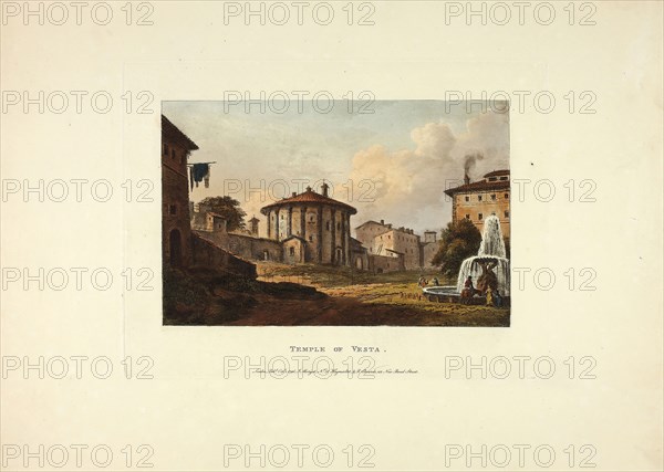 Temple of Vesta, plate nineteen from the Ruins of Rome, published October 1, 1796, M. Dubourg, (English, active 1786-1838), published by J. Merigot (Italian, Unknown), England, Hand-colored aquatint on paper, 330 × 448 mm (sheet)
