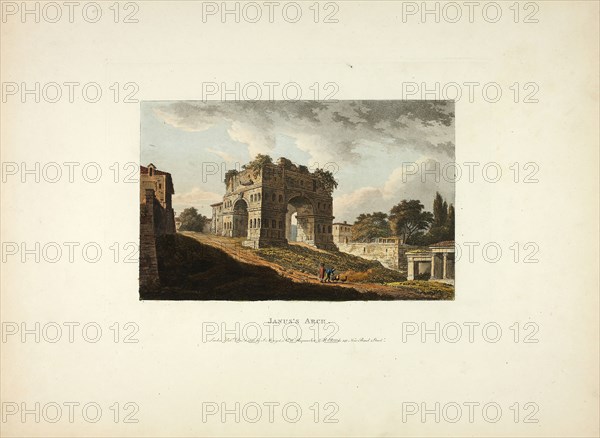 Janus’s Arch, plate twenty from the Ruins of Rome, published December 6, 1796, M. Dubourg, (English, active 1786-1838), published by J. Merigot (Italian, Unknown), England, Hand-colored aquatint on paper, 330 × 448 mm (sheet)