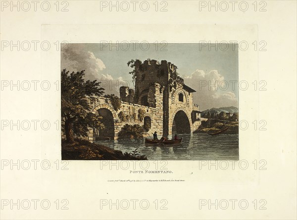 Ponte Nomentano, plate twenty-seven from Ruins of Rome, published March 28, 1798, M. Dubourg, (English, active 1786-1838), published by J. Merigot (Italian, Unknown), England, Hand-colored aquatint on paper, 330 × 448 mm (sheet)