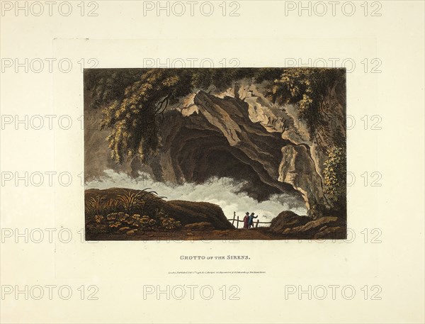 Grotto of the Sirens, plate thirty from the Ruins of Rome, published February 1, 1798, M. Dubourg, (English, active 1786-1838), published by J. Merigot (Italian, Unknown), England, Hand-colored aquatint on paper, 330 × 448 mm (sheet)