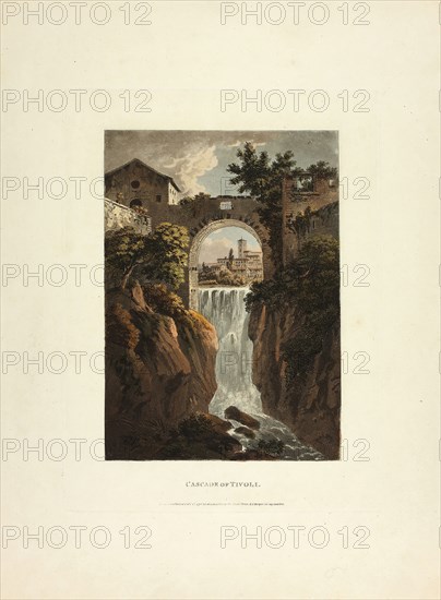 Cascade of Tivoli, plate thirty-nine from the Ruins of Rome, published February 1, 1798, M. Dubourg, (English, active 1786-1838), published by J. Merigot (Italian, Unknown), England, Hand-colored aquatint on paper, 448 × 330 mm (sheet)