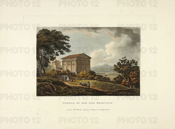 Temple of the God Rediculus, plate five from the Ruins of Rome Temple of the God Rediculus, plate five from the Ruins of Rome, published March 1, 1796, M. Dubourg, (English, active 1786-1838), published by J. Merigot (Italian, Unknown), England, Hand-colored aquatint on paper, 330 × 448 mm (sheet)