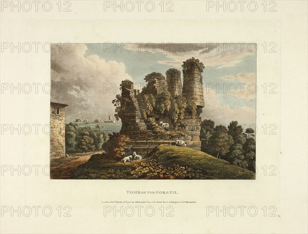 Tomb of Horath, plate six from the Ruins of Rome, published March 28, 1798, M. Dubourg, (English, active 1786-1838), published by J. Merigot (Italian, Unknown), England, Hand-colored aquatint on paper, 330 × 448 mm (sheet)