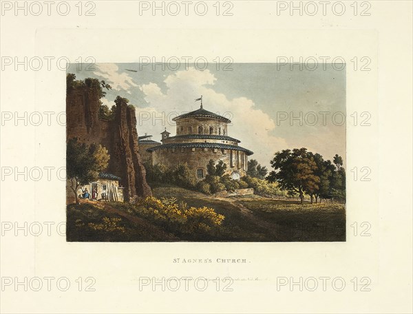 St. Agnes’s Church, plate eight from the Ruins of Rome, published August 4, 1796, M. Dubourg, (English, active 1786-1838), published by J. Merigot (Italian, Unknown), England, Hand-colored aquatint on paper, 330 × 448 mm (sheet)