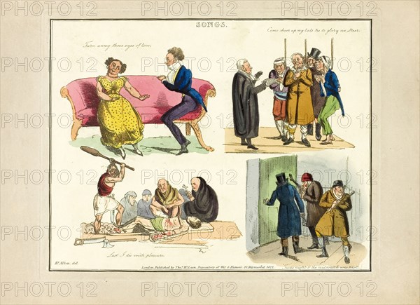 Plate from Illustrations to Popular Songs, 1822, Henry Alken (English, 1785-1851), published by Thomas McLean (English, active 1790-1860), England, Soft ground etching with hand-coloring and aquatint on paper, 198 × 253 mm (image), 215 × 270 mm (plate), 245 × 340 mm (sheet)