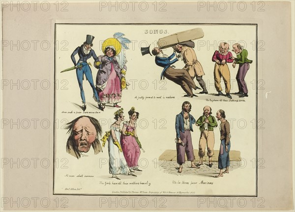 Plate from Illustrations to Popular Songs, 1822, Henry Alken (English, 1785-1851), published by Thomas McLean (English, active 1790-1860), England, Soft ground etching with hand-coloring and aquatint on paper, 203 × 240 mm (image), 214 × 250 mm (plate), 245 × 340 mm (sheet)