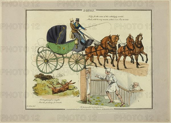 Plate from Illustrations to Popular Songs, 1822, Henry Alken (English, 1785-1851), published by Thomas McLean (English, active 1790-1860), England, Soft ground etching with hand-coloring and aquatint on paper, 200 × 250 mm (image), 212 × 270 mm (plate), 245 × 340 mm (sheet)