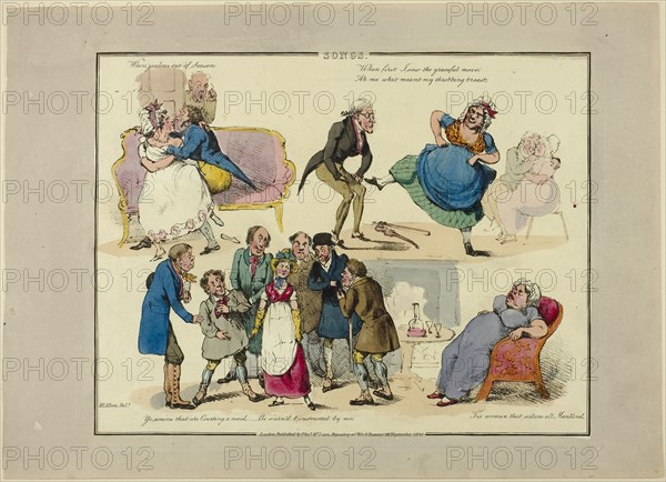 Plate from Illustrations to Popular Songs, 1822, Henry Alken (English, 1785-1851), published by Thomas McLean (English, active 1790-1860), England, Soft ground etching with hand-coloring and aquatint on paper, 197 × 255 mm (image), 215 × 270 mm (plate), 245 × 340 mm (sheet)