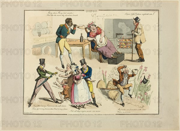 Plate from Illustrations to Popular Songs, 1822, Henry Alken (English, 1785-1851), published by Thomas McLean (English, active 1790-1860), England, Soft ground etching with hand-coloring and aquatint on paper, 197 × 259 mm (image), 215 × 270 mm (plate), 245 × 340 mm (sheet)