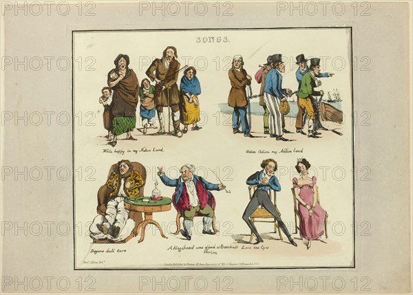 Plate from Illustrations to Popular Songs, 1822, Henry Alken (English, 1785-1851), published by Thomas McLean (English, active 1790-1860), England, Soft ground etching with hand-coloring and aquatint on paper, 200 × 237 mm (image), 212 × 245 mm (plate), 245 × 343 mm (sheet)
