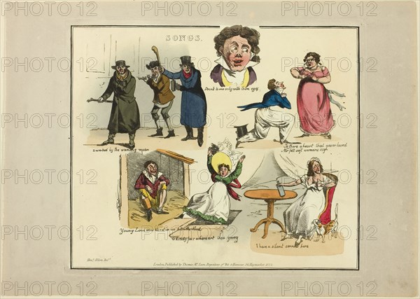 Plate from Illustrations to Popular Songs, 1822, Henry Alken (English, 1785-1851), published by Thomas McLean (English, active 1790-1860), England, Soft ground etching with hand-coloring and aquatint on paper, 200 × 240 mm (image), 215 × 250 mm (plate), 245 × 345 mm (sheet)