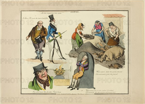 Plate from Illustrations to Popular Songs, 1822, Henry Alken (English, 1785-1851), published by Thomas McLean (English, active 1790-1860), England, Soft ground etching with hand-coloring and aquatint on paper, 200 × 257 mm (image), 212 × 270 mm (plate), 245 × 342 mm (sheet)