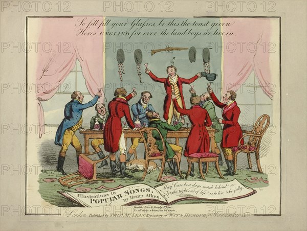 Plate from Illustrations to Popular Songs, 1822, Henry Alken (English, 1785-1851), published by Thomas McLean (English, active 1790-1860), England, Soft ground etching with hand-coloring and aquatint on paper, 200 × 260 mm (image), 215 × 271 mm (plate), 245 × 340 mm (sheet)