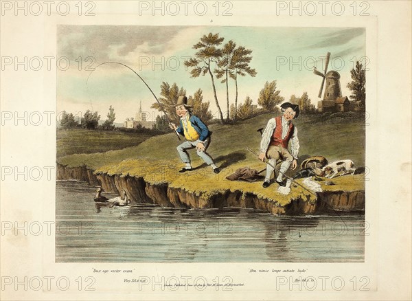 Delights of Fishing, 1823, Charles Turner (English, 1773-1857), after Sir Robert Frankland (English, 1784-1849), published by Thomas McLean (English, active c. 1790-1860), England, Hand-colored etching and aquatint on ivory wove paper, 200 × 262 mm (image), 235 × 285 mm (plate), 265 × 355 mm (sheet)