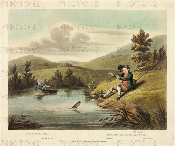Delights of Fishing, 1823, Charles Turner (English, 1773-1857), after Sir Robert Frankland (English, 1784-1849), published by Thomas McLean (English, active c. 1790-1860), England, Hand-colored etching and aquatint on ivory wove paper, 200 × 262 mm (image): 235 × 285 mm (plate), 268 × 260 mm (sheet)