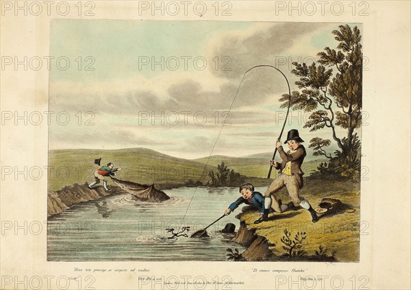 Delights of Fishing, 1823, Charles Turner (English, 1773-1857), after Sir Robert Frankland (English, 1784-1849), published by Thomas McLean (English, active c. 1790-1860), England, Hand-colored etching and aquatint on ivory wove paper, 202 × 262 mm (image), 235 × 285 mm (plate), 268 × 360 mm (sheet)