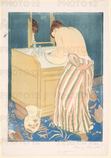 Woman Bathing, 1890–91, Mary Cassatt (American, 1844-1926), printed with Leroy (French, active 1876-1900), United States, Color aquatint, with drypoint from three plates, on off-white laid paper, 364 x 269 mm (image/plate), 432 x 305 mm (sheet)