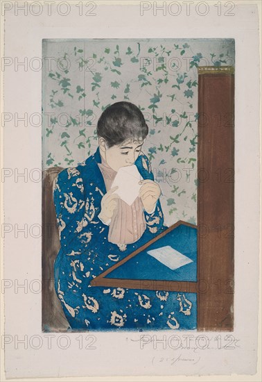 The Letter, 1890/91, Mary Cassatt (American, 1844-1926), printed with Leroy (French, active 1876-1900), United States, Color aquatint with drypoint, from three plates, on off-white laid paper, 345 x 211 mm (image/plate), 437 x 297 mm (sheet)