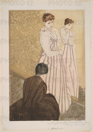 The Fitting, 1890–91, Mary Cassatt (American, 1844-1926), printed with Leroy (French, active 1876-1900), United States, Color aquatint with drypoint from three plates, on ivory laid paper, 377 x 256 mm (plate), 437 x 298 mm (sheet)